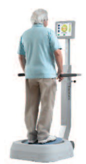 Biodex Balance SD, and in use with older man looking at screen while shifting weight