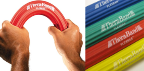 Theraband FlexBar In Use being bent, and 4 different Color Options